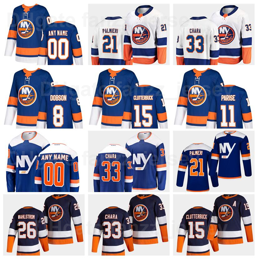 

New York Islanders Hockey 11 Zach Parise Jersey 21 Kyle Palmieri 26 Oliver Wahlstrom 8 Noah Dobson 33 Zdeno Chara 15 Cal Clutterbuck Navy Blue White Custom Name Number