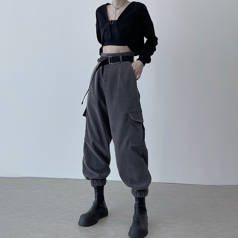 

Women Cargo pants fashion loose big pocket boy friend women Hip pop long trousers with belt for spring summer 210524, Gray