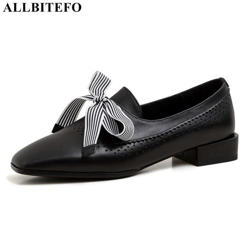

ALLBITEFO fashion casual genuine leather square toe bowtie women shoes low-heeled comfortable women heels women high heel shoes 210611, As picture