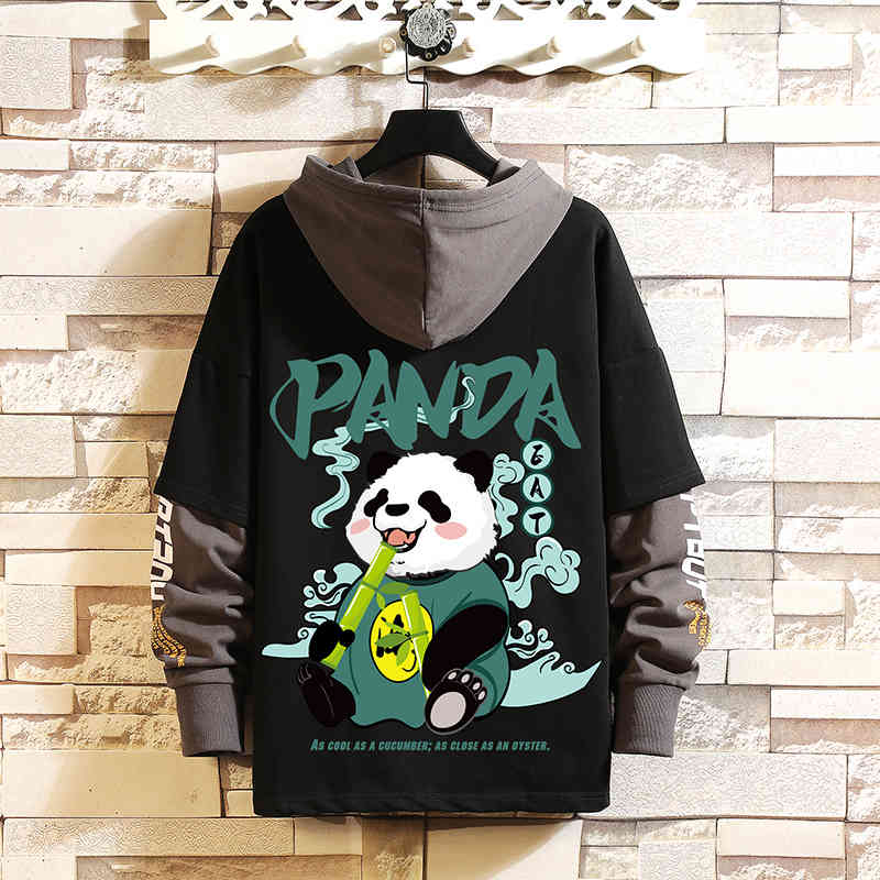 

men's hoodies & sweatshirts chique retalhos hoodie masculino panda impresso manga longa com capuz pulÃ´ver hoodies casual outono mo, Black