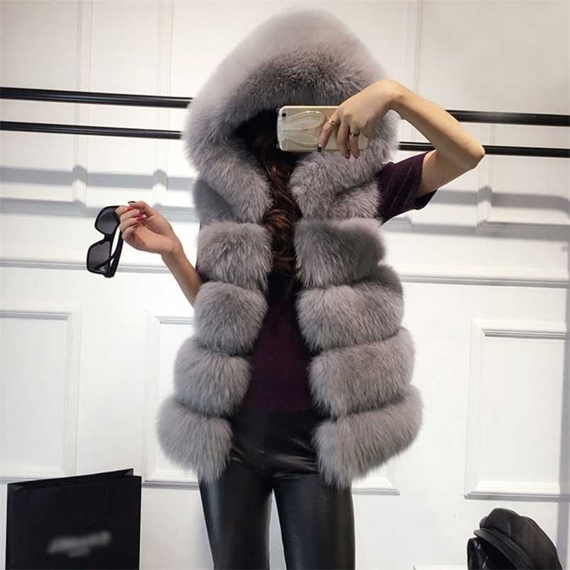 

Sleeveless Faux Fur Vest Winter Casual Outerwear Female Solid Fake Fur Hooded Overcoats For Lady Fashion Fur Vest Femme 211110, Light gray