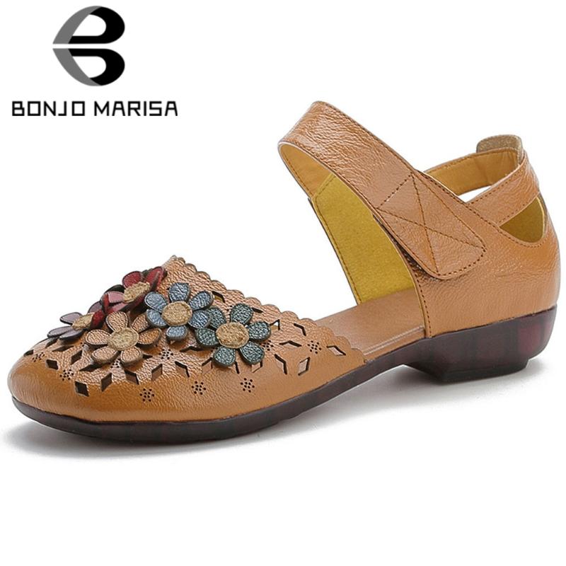 

Ladies Ethnic Elegant Flowers Comfy Split Leather Sandals Women Low Heel Concise Shoes Woman, Black