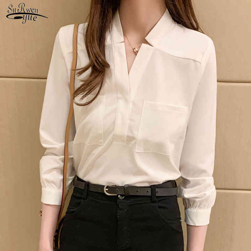 Blouse d'été de style coréen blanc à manches longues en mousseline de mousseline V