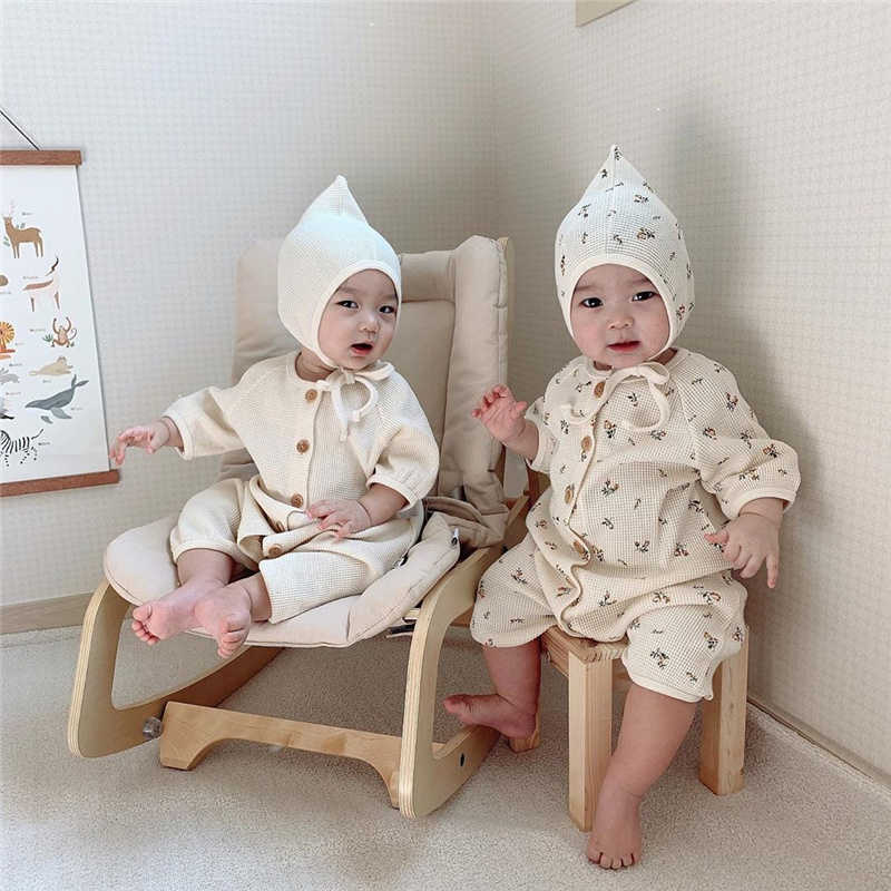 

Fashion Infant Boys Girls Clothing Cotton Long Sleeve Baby Rompers With Hat Toddler Kids Pajamas Clothes Set 210615, Beige floral