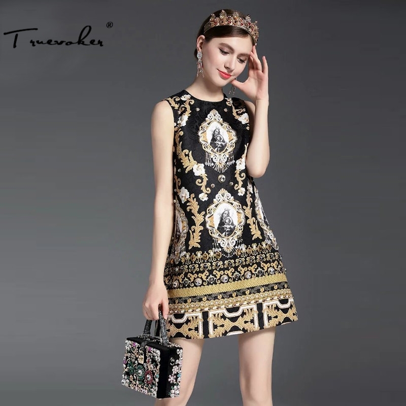 

Truevoker Summer Designer Dres's Hight Quality Sleeveless Vintage Baroque Gold Printed Embossed Beading Diamond 210602, Blue