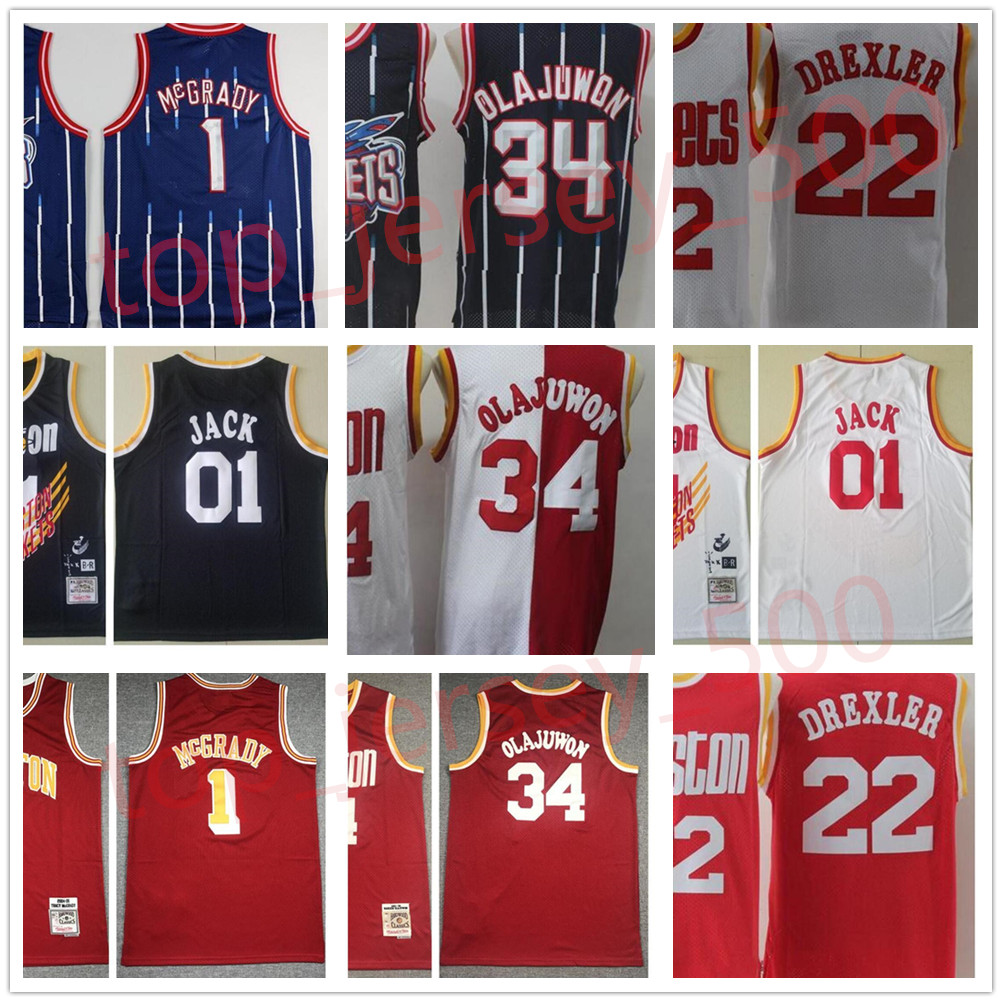 1993-94 Retro Men Hakeem Olajuwon 34 Clyde Drexler 22 Basketball Jerseys 2004-05 Tracy 1 McGrady Cactus 01 Jack Shirts 02-03 Yao Ming 11 Mesh Navy Stripe Red White
