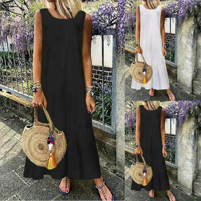 

Casual Dresses Boho Women Summer Dress Solid Color Round Neck Sleeveless Cotton Maxi Vintage Loose Sundress Vestido De Mujer 2021, Black