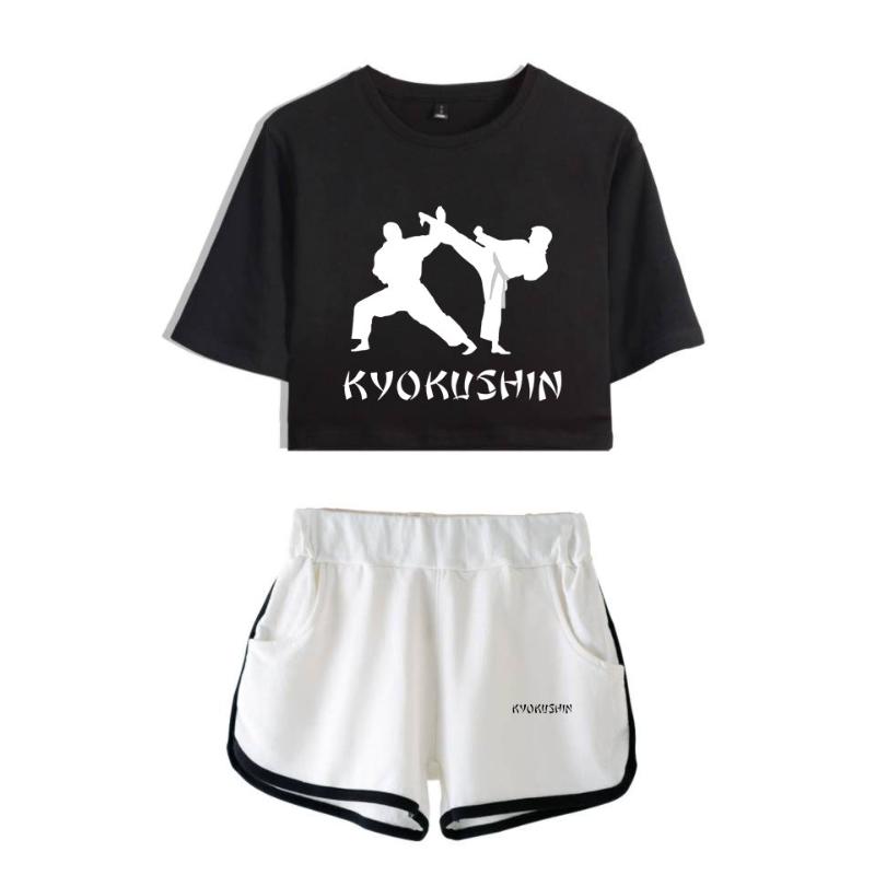 

Anime T-shirt Summer Fashion Women's Sexy Sports Suit Kyokushin Printed Ladies Hip-hop + Shorts Female Tracksuits, Gray