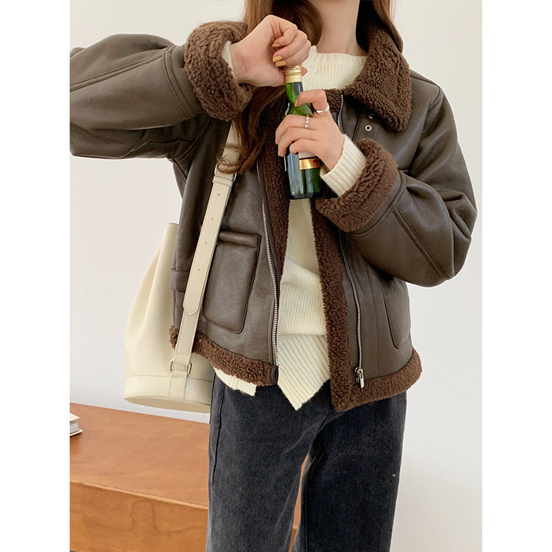 

Lamb Wool Coat Women Autumn Winter Stitching Lapel Oversized Casual Fashion Short Woolen Thick Leather Jacket Female 210520, White