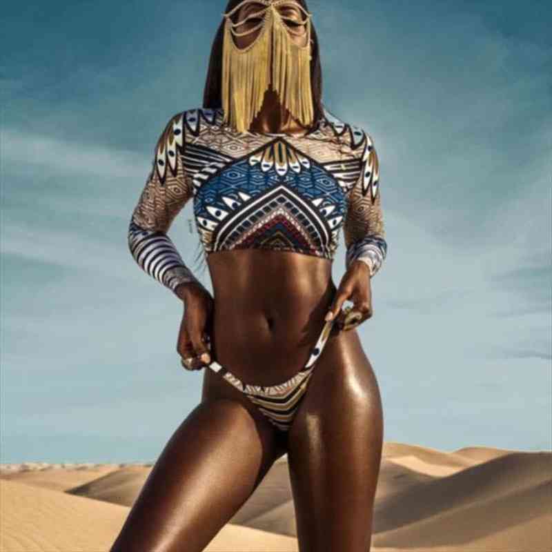 

african print tribal swimsuit long sleeve swimwear bathing suit women swimming suit surfing beachwear thong bikini maillot, White;black