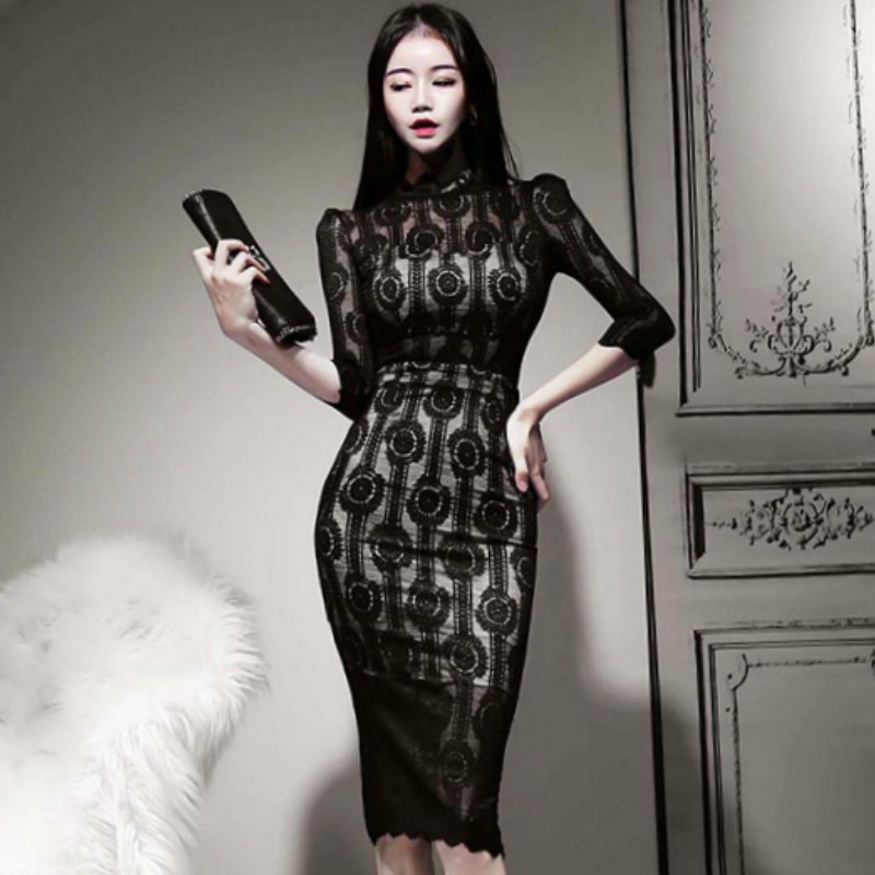 

Spring Lady Slim Knee-Length Korea Cloth 3/4 Sleeve Bodycon High Waist Full Lace Sexy Black Party Women Dress, Black;gray