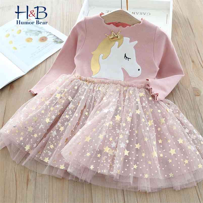 

Girl Dresses Autumn Cartoon Printed Long-sleeved Shirt Stitching Star Mesh Priness Party Dress for 3-7Y 210611, Bd457-pink