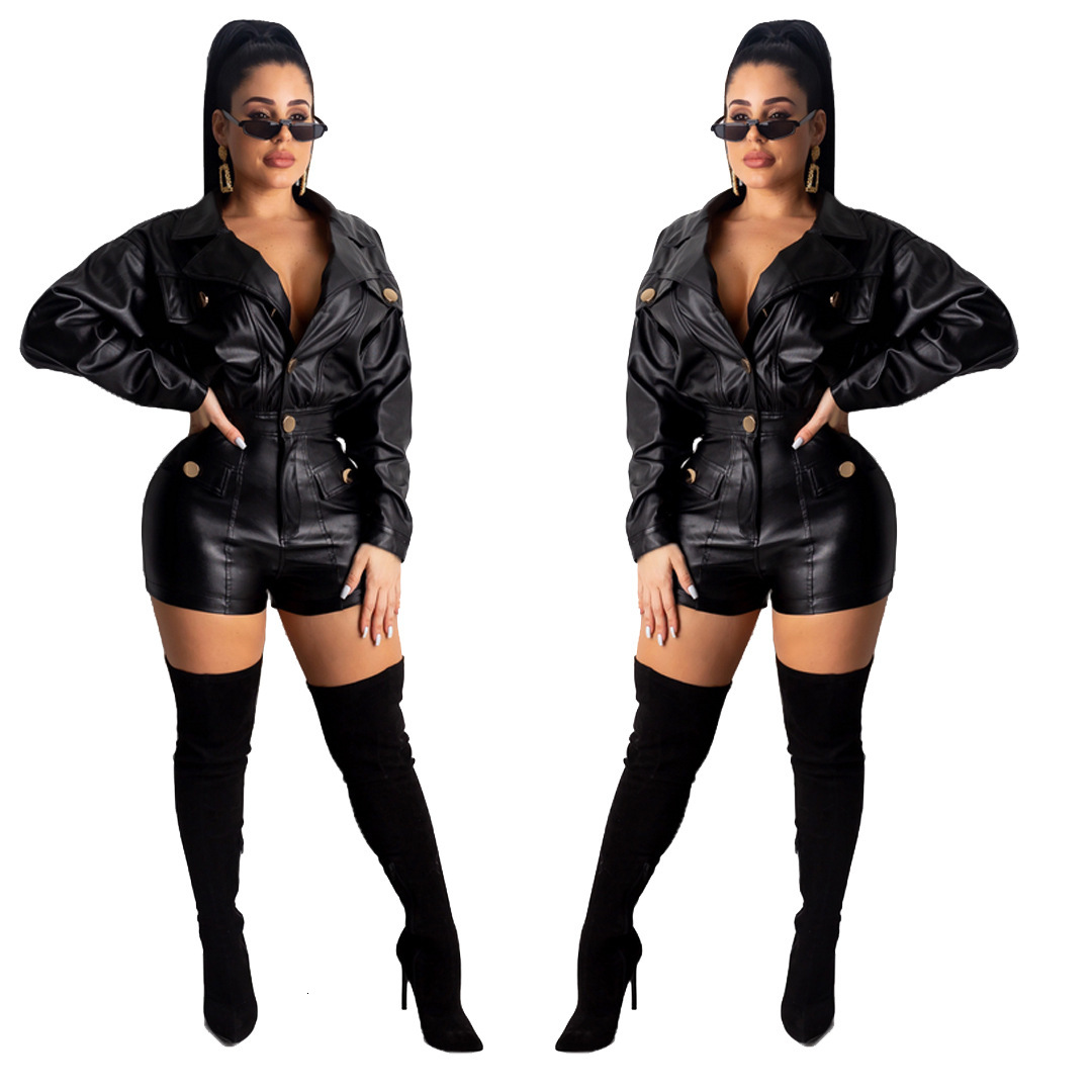 Arrivals Black Leather Women Short Jumpsuits Cool Long Sleeves Buttons V Neck Loose Locomotive Girls Outfits Clubwear Shorts-image-683523830