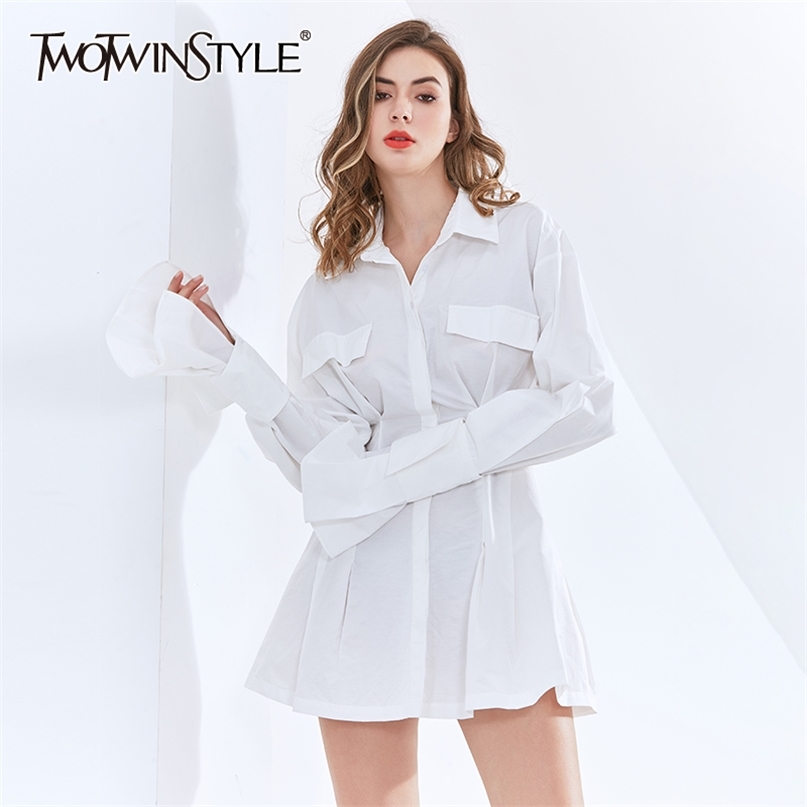

Casual Shirt Dress For Women Lapel Flare Long Sleeve High Waist Slim Mini Dresses Female Fashion Clothing 210520, Armygreen