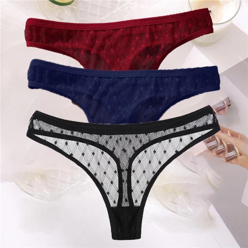 

Women's Panties 3PCS/Set G-String Sexy Mesh Transparent Lace Women Underwear Pantys Low-Waist Female Underpants Perspective Briefs M-XL, Set 10