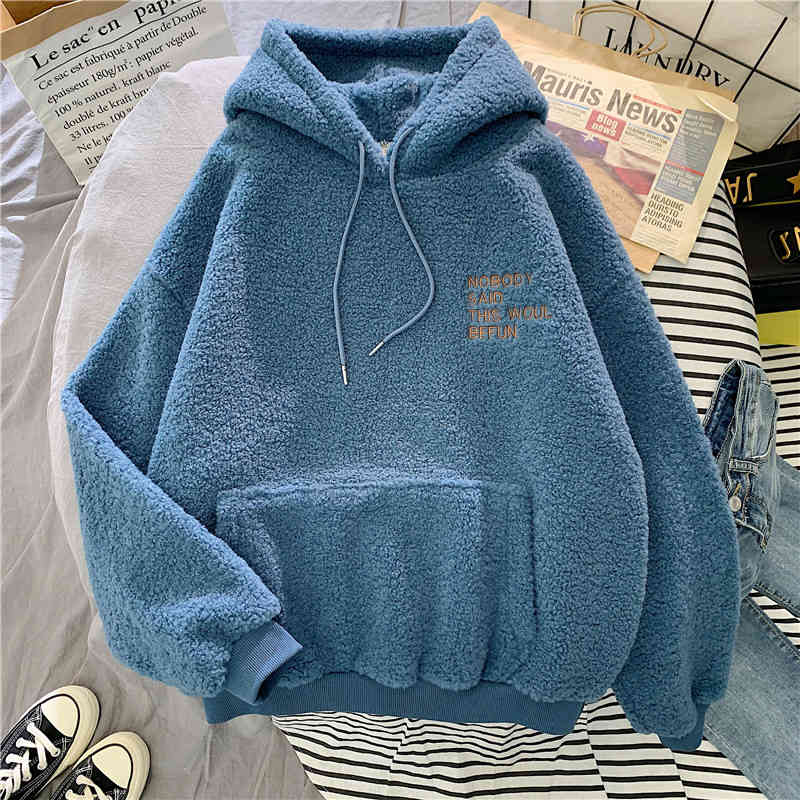 

Lucyever Fashion Pink Sweet Hooded Sweatshirts Women Harajuku Letter Print Pocket Hoodies Woman Loose Fleece Pullovers Ladies 210521, Blue