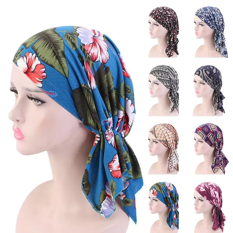 

Ball Caps Women Ruffle Ethnic Style Hat Beanie Scarf Turban Head Wrap Cap Print Baotou Chemo Bandanas Helisopus