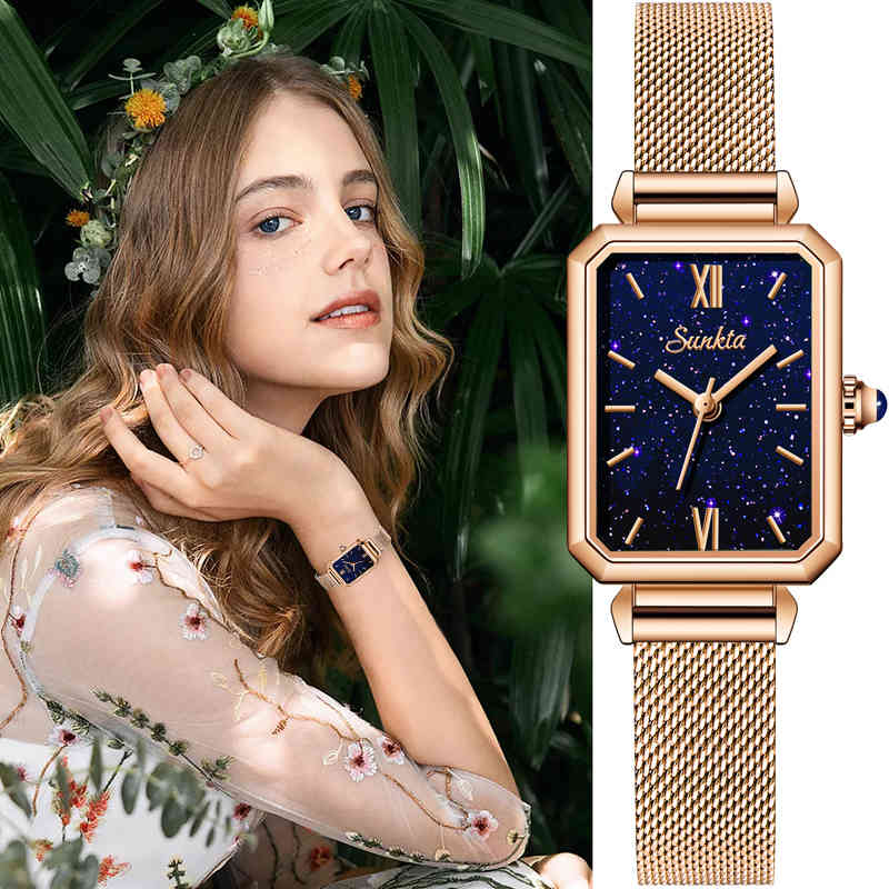 

relogio feminino SUNKTA Unique Square Small Dial Ladies Watches Women Ultrathin Mesh Strap Quartz Watches Rose Gold Female Watch 210517, Rose gold black