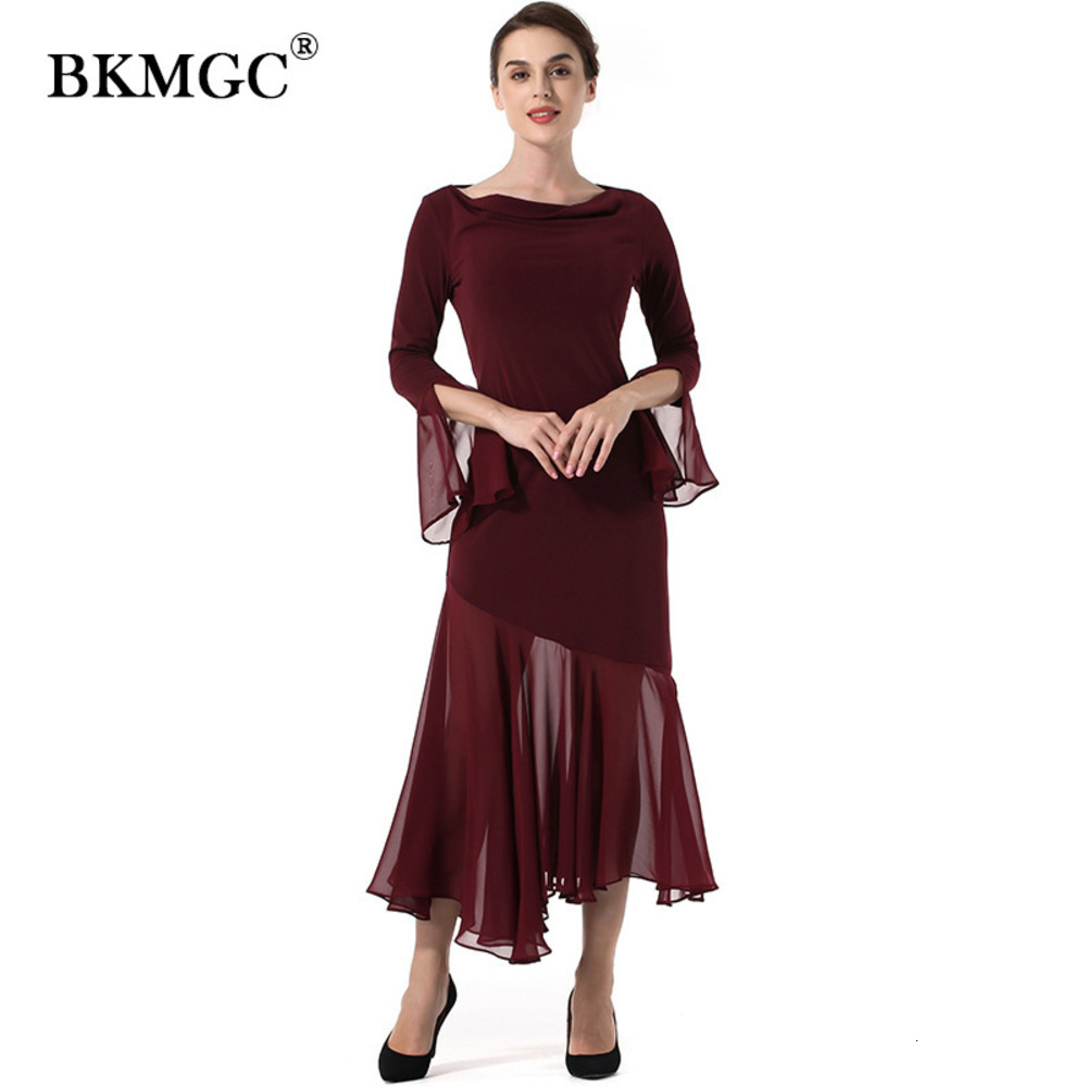 

Casual Dresses Bkmgc spring and autumn solid color flying sleeve irregular hem stitching slim drs, Wine