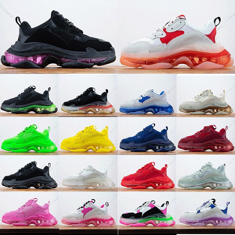 

2021 luxury sneakers clear sole triple s casual dad designer shoes men women platform paris 17FW vintage old crystal bottoms triple-s balenc, Black