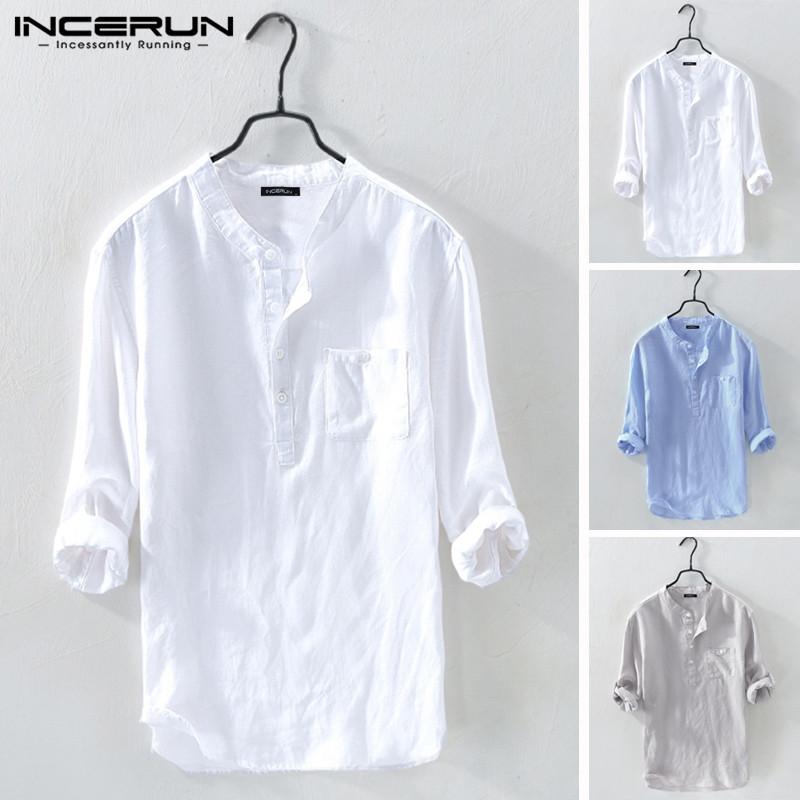 

INCERUN Men Shirt Cotton 3/4 Sleeve Stand Collar Harajuku Tops Solid Color Vintage Brand Shirts 2021 Streetwear Camisa Masculina, Blue shirt