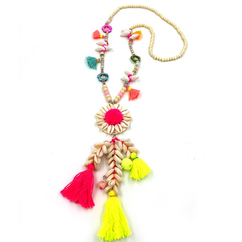 

Spring Bohemian Boho Cotton Tassel Necklace Colorful Pompoms Handmade Cowrie Shell Long Pendant For Women Necklaces