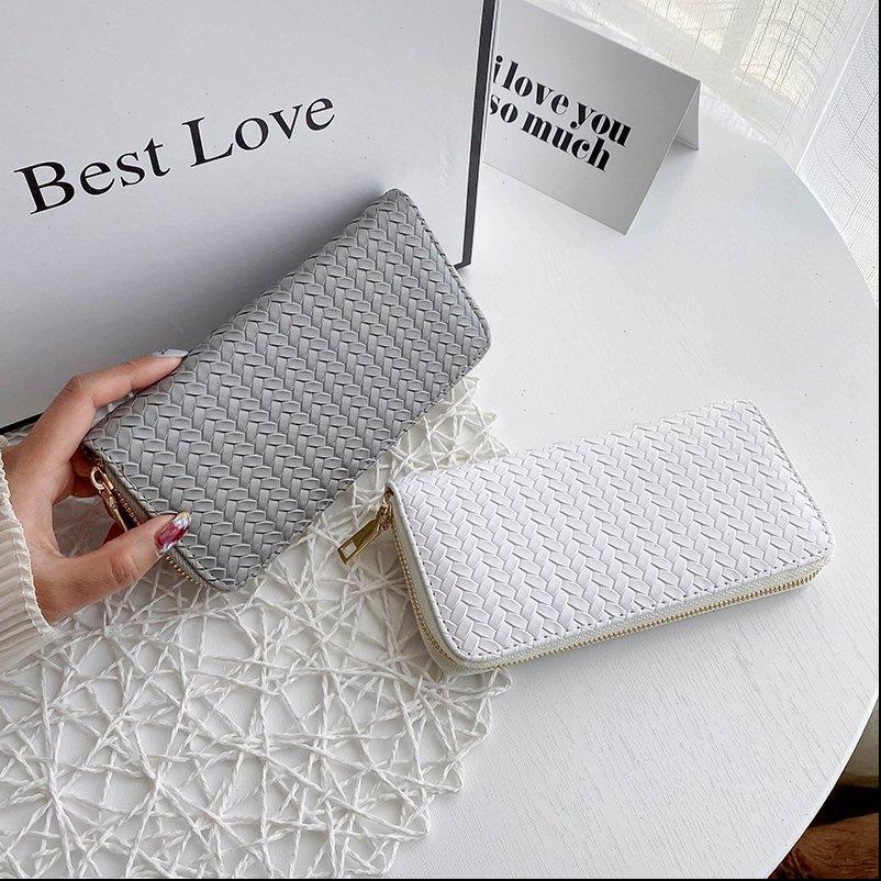 

women weave wallet leather wrist handle phone case long section money pocket pouch handbag purse card holder, Red;black