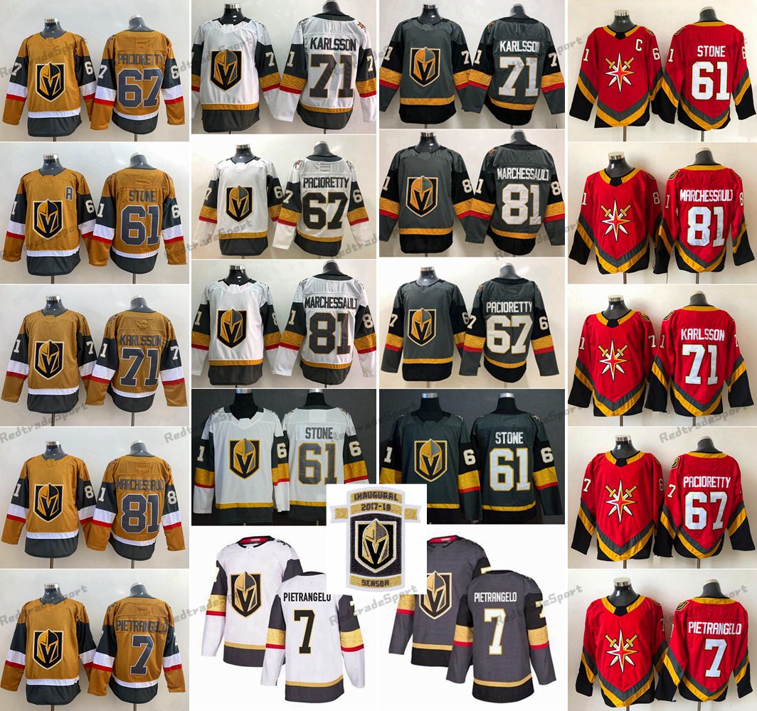 

2021 Reverse Retro Vegas Golden Knights 61 Mark Stone Hockey Jerseys 67 Max Pacioretty 7 Alex Pietrangelo 71 William Karlsson 81 Jonathan Marchessault Red Jersey, Grey patch
