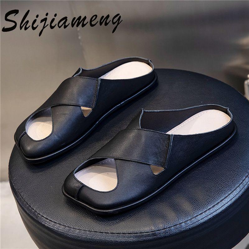 

Top Leather Sandals Women's 2021 Summer Breathable Shoes Flat Bottomed Baotou Fashion Slippers, Black