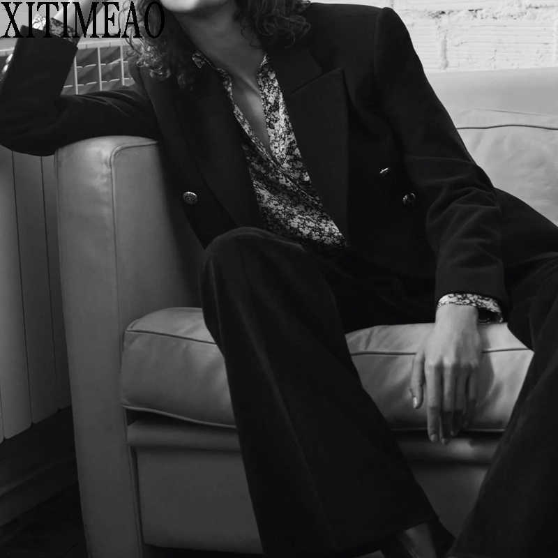 

ZA Women Fashion Office Wear Double Breasted Blazers Coat Vintage Long Sleeves Pockets Female Outerwear Chic Tops 210602, Black