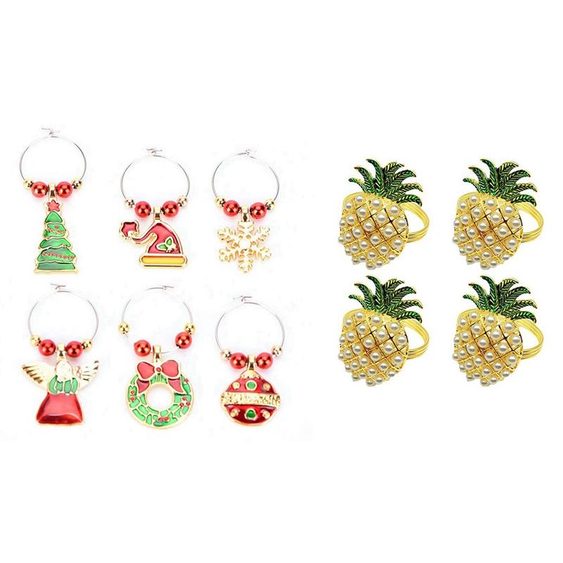 

Pack Chirstmas Wine Glass Charms Rings Markers & 4 Pineapple Alloy Napkin