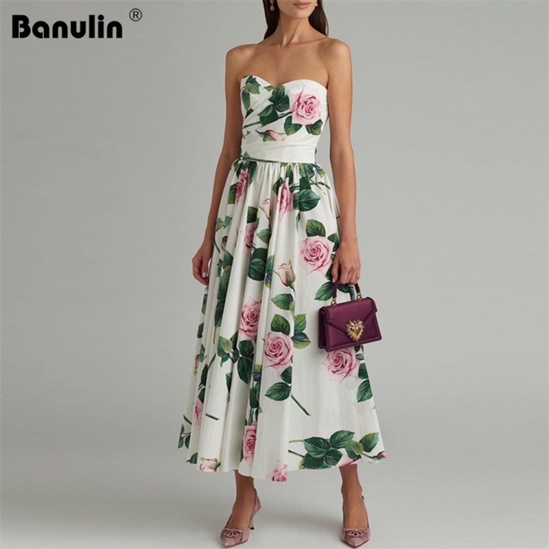 

Banulin Summer Sexy Strapless Floral Printed Midi Dresses For Women Runway Designer Elegant Party Dress zomerjurk dames 210603, White