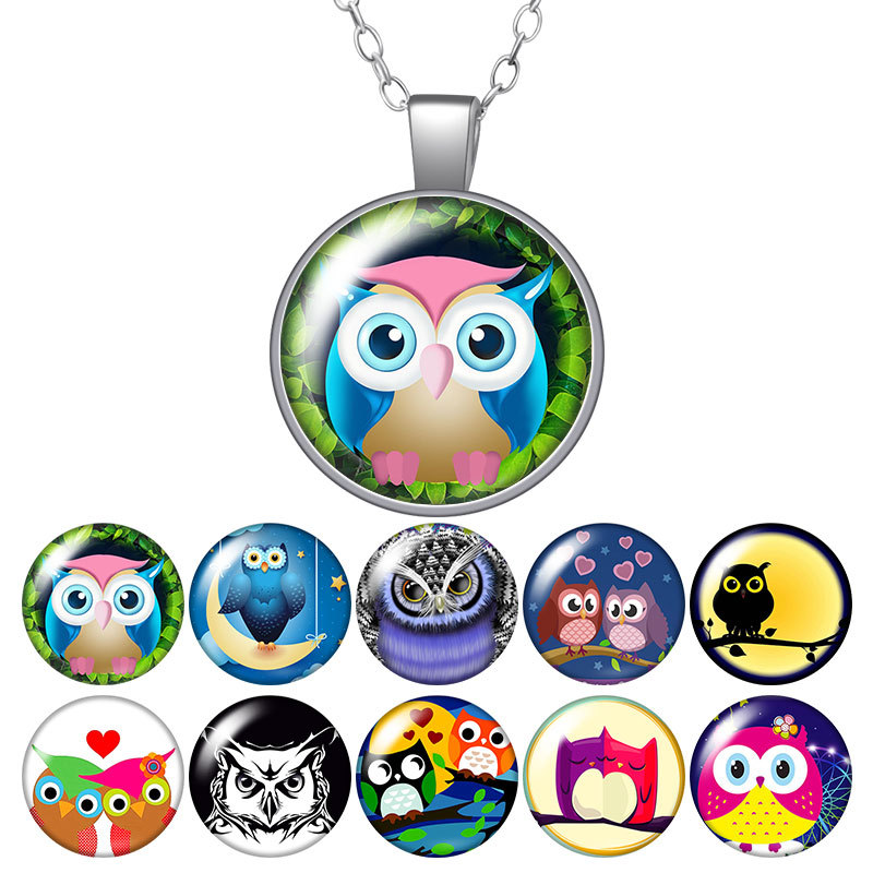 

Lovely Owl Love Couple Hope Animals Round Pendant Necklace 25mm Glass Cabochon Silver Color Jewelry Women Party Birthday Gift