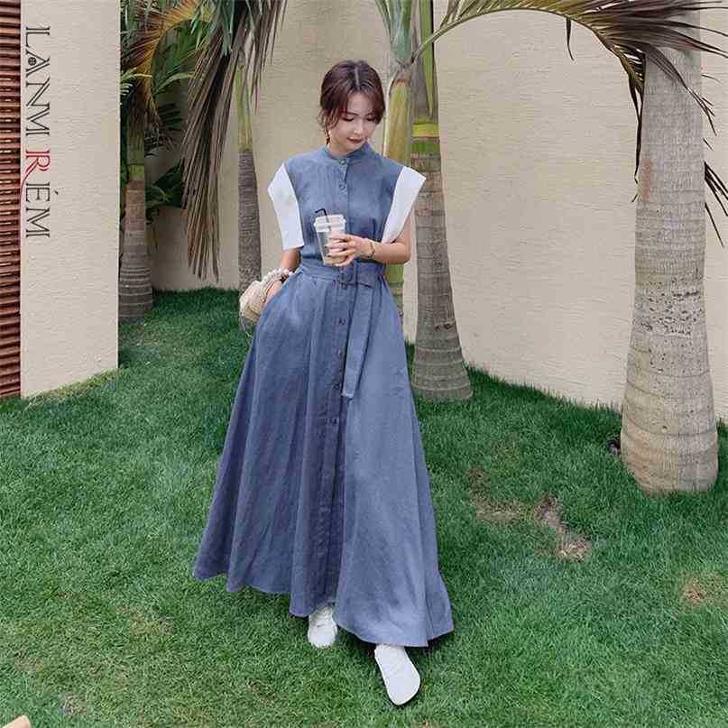 

Women' Midi Casual Dress Tall Loose Size Belt Stand Collar Temperament Fit Fashion Summer 2P1714 210526, Ginger