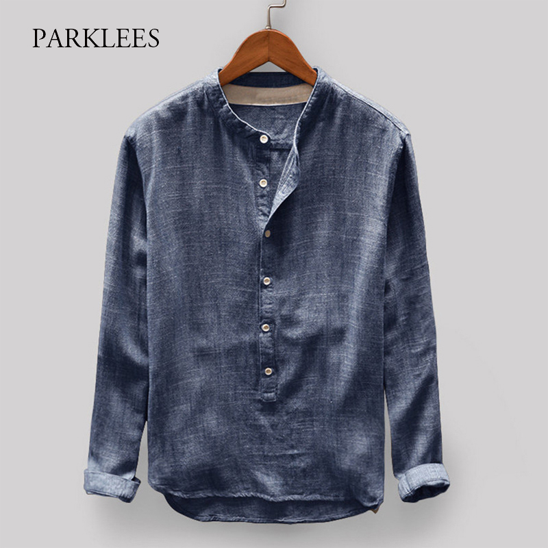 

Henley Shirts Men Autumn Fashion Long Sleeve Mens Shirt Casual Comfortable Breathable Camisas Stand Collar Chemise Homme 210524, Green