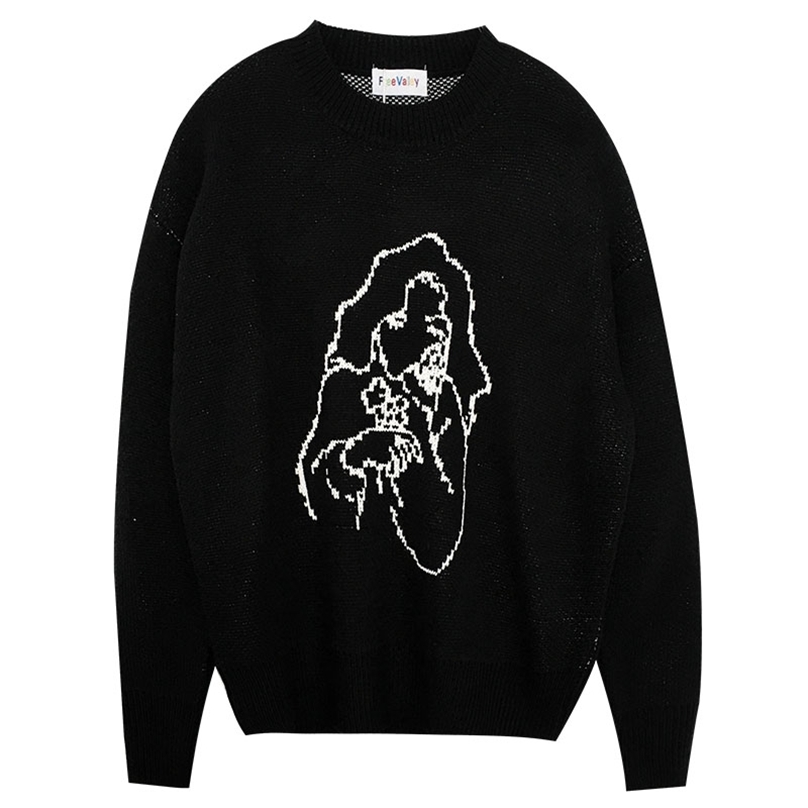 

Women Black Vintage Sweater Fashion Autumn Winter Long Sleeved Fun Jacquard Pullover Tops Korean Woman Knitted Sweaters 210525