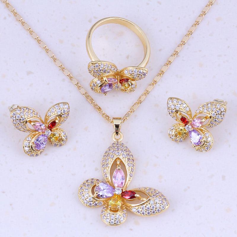 

Earrings & Necklace Lovely Multicolor Crystal Yellow Gold Color Jewelry Sets For Women Wedding Trend Fashion Valentine's Day Gift A0006, As pic