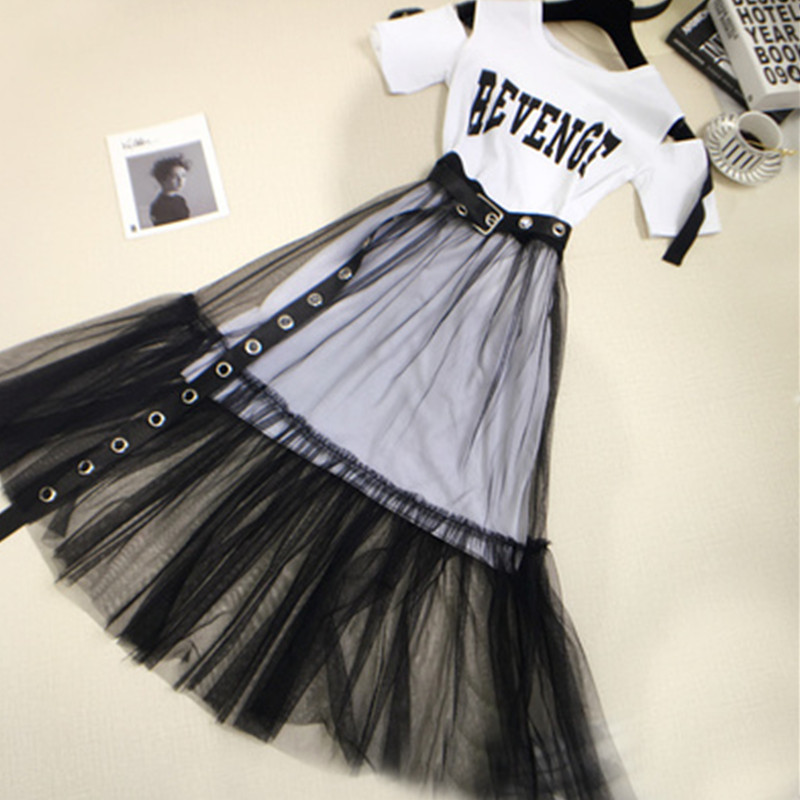 

Summer Women' Letter print Strapless Long T-shirt +Mesh See Through Skirt 2 Piece Sets Fashion Belt Skirts Suits 210525, Picture color