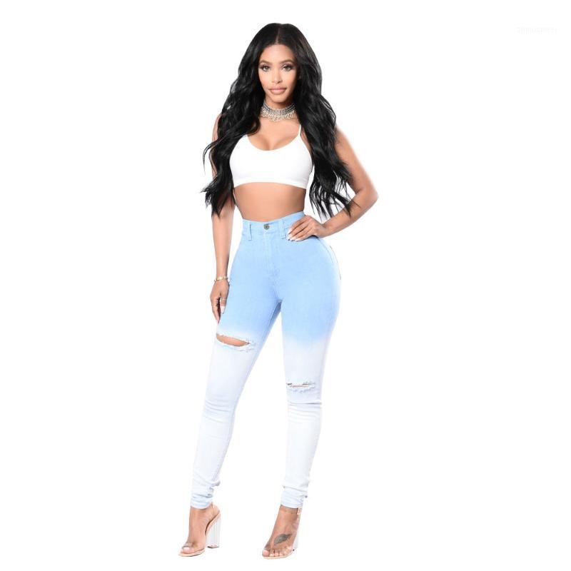 

Arrival Summer Style Female Fashion Sexy Gradients Skinny High Waist Night Club Denim Pencil Pants Women' Jeans, Sky blue