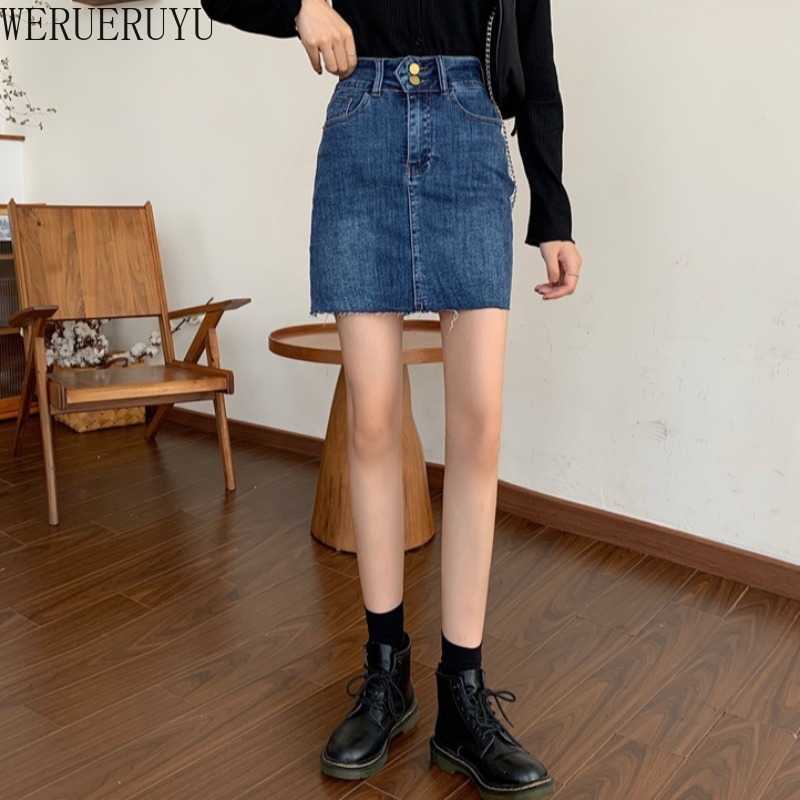 

WERUERUYU Summer Women Denim Skirt Button Vintage Blue Short Mini Skirts Womens Fashion Casual Slim Was Thin Package Hip Skirt 210608, Photo color
