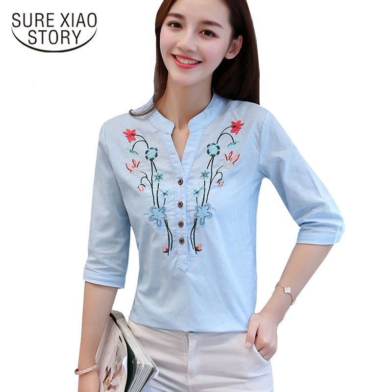 

Summer V-neck formal Women Blouse shirt half Sleeved Cotton Linen Floral embroidered women' clothing tops blusas d377 30 210521, Blue