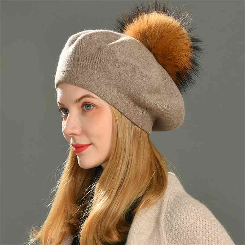 

Winter Female Beret Women Hat 15CM Real Raccoon Fur Pompom Wool Cashmere Natural Ball Cap for 210429, White natural fur