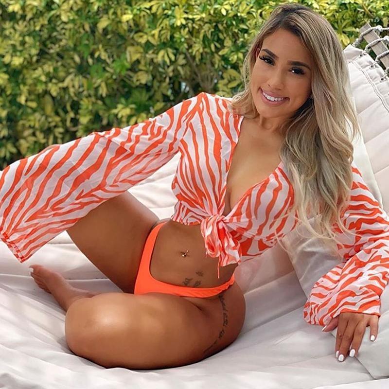 

Women' Swimwear 2021 Sexy Three Pieces Bikini Set Bell Sleeve Cover Up Women Swimsuit Print Bathing Suit Beachwear Swimming, Red brown