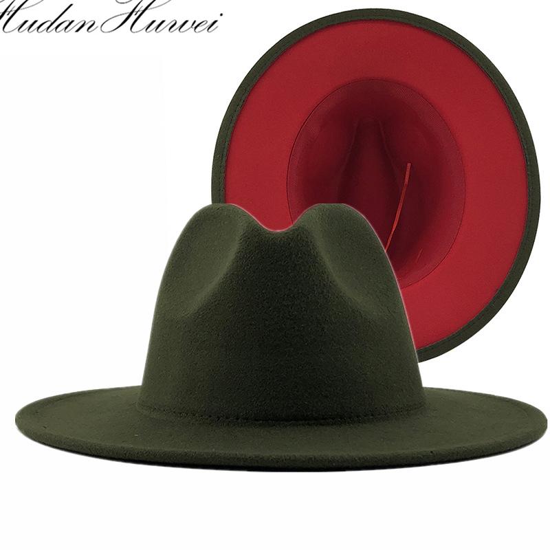 

Fashion Army Green With Red Bottom Patchwork Felt Jazz Hat Women Men Flat Brim Panama Party Cap Faux Wool Fedora Hats Wide, Army green and red