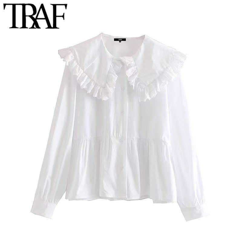 

TRAF Women Sweet Fashion With Peter pan Collar Ruffled Blouses Vintage Long Sleeve Button-up Female Shirts Chic Tops 210721, As picture