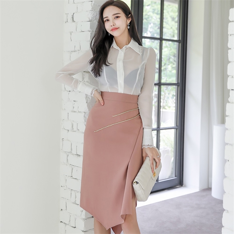 

Autumn 2 piece Suit Long Sleeve white hollow out tops And Pink irregular Midi Skirt Party Set For women clothing 210602