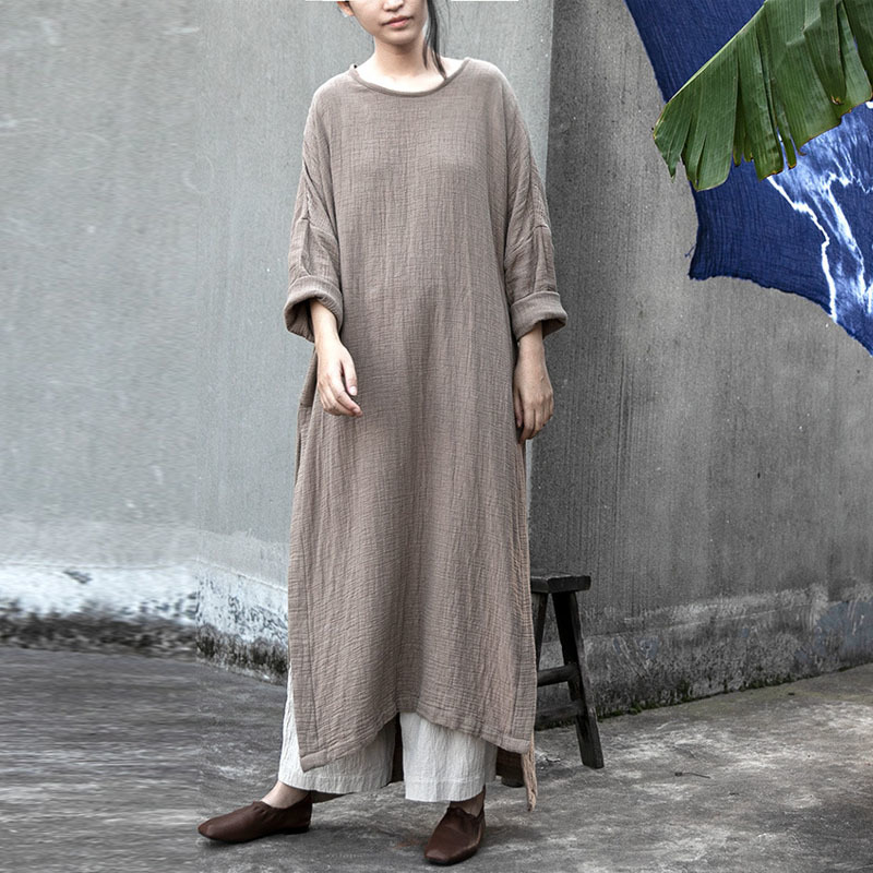 

Johnature Spring Solid Color O-neck Cotton Linen High Split Long Sleeve Dress Simple Comfortable Women Retro Dresses 210521, Khaki