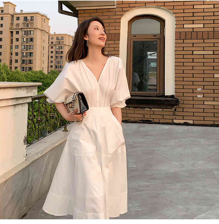 

Women vintage french Style dress 2020 summer ranway hepburn style white bubble sleeve v neck A line dresses vestidos, Black;gray