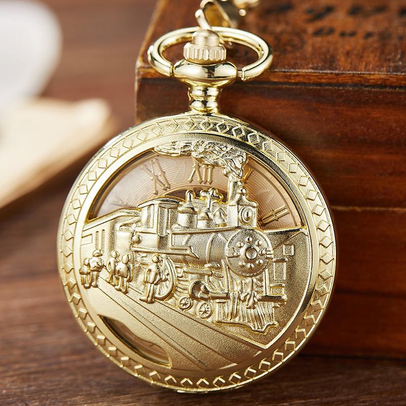 

Pocket Watches Gold Mechanical Watch Hollow Steampunk Train Engraved Hand Winding Skeleton Fob Chain Necklace Pendant Clock, Silver