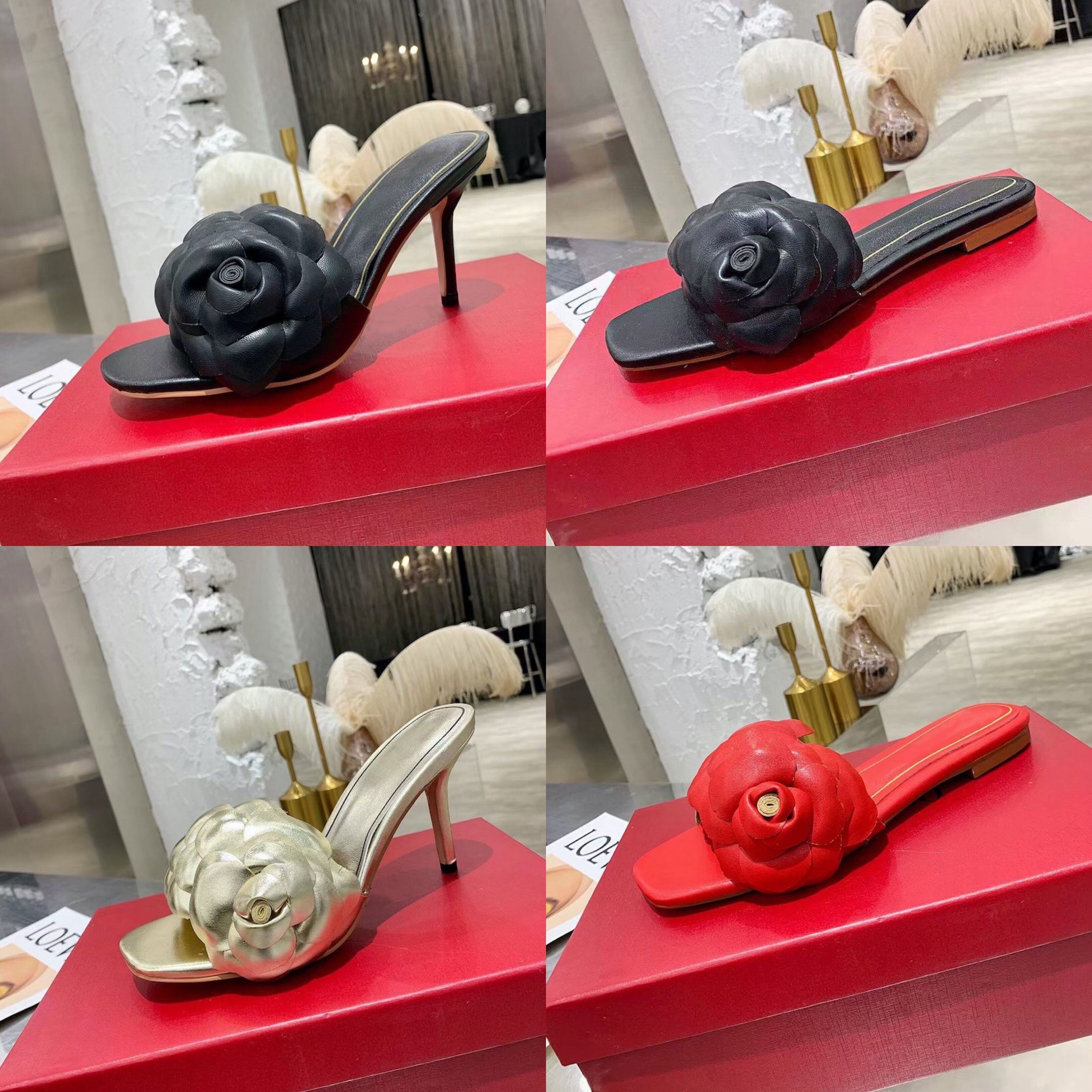 

Designer 03 Rose Edition Flat Slide Sandal Women Leather High Heels Black Red Vintage Slippers Summer Sexy Wedding Shoes With Box 279, Color 1